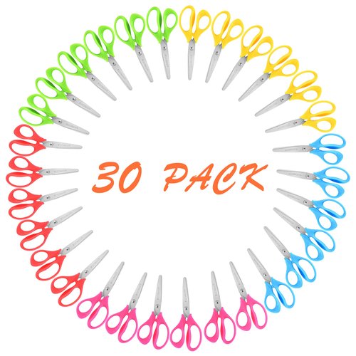 KUONIIY 5" School Pack of Kids Scissors With Soft Comfort-Grip Handles,Assorted Colors,30 Packs