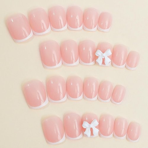 Pink Press on Nails Short Square Fake Nails White French Tip Solid Color Glossy Nude Pink Designs False Nails with Bow Nail Charms, Cute Acrylic Glue on Nails for Daily Wear Nail Art Decoration 24Pcs