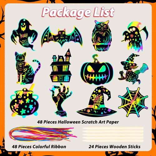 RICEDUO Halloween Scratch Paper Art Set - 48 Pcs Halloween 12 Design Magic Rainbow Scratch Off Cards for Kids, Hanging Ornaments for Halloween Party Favors Activities