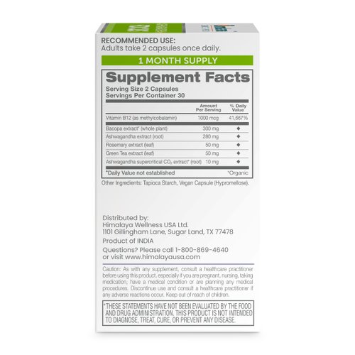 Himalaya Ashwagandha+ Focus with Ashwagandha, Bacopa, Rosemary & Green Tea for Memory, Focus and Clarity, 60 Capsules, 1 Month Supply, Vegan, Gluten Free