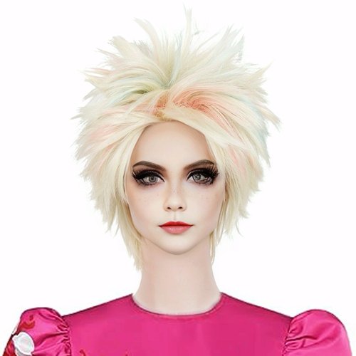 Aicos Short Blonde mix Light Blue Pink Cosplay Wig for Women Costume Halloween Party Fluffy Spiky...