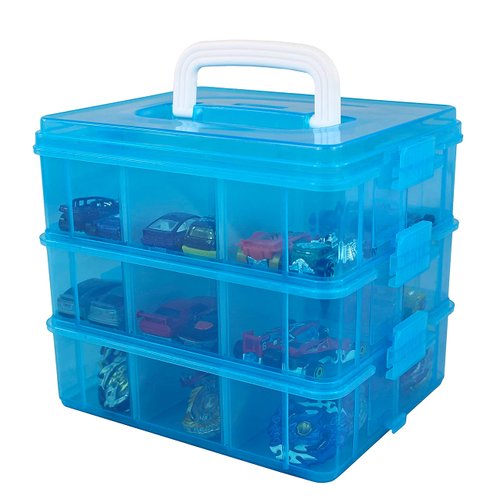Bins & Things Stackable Toys Organizer Storage Case Compatible with BeyBlade, Hot Wheels, Lego Dimentions or Mini Toy Action Figures - Portable Adjustable Box w/Carrying Handle, Calico Critter
