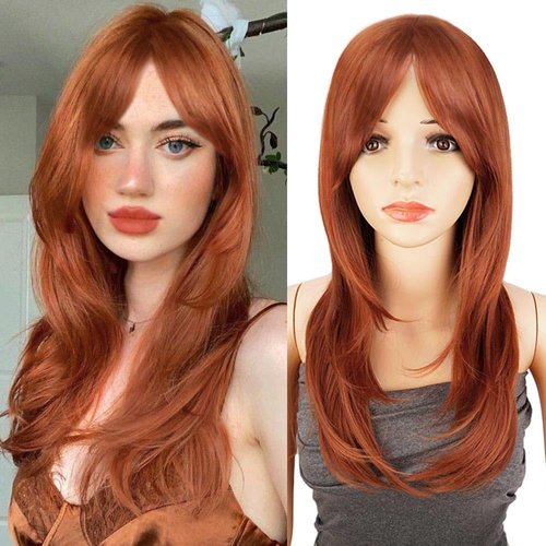 Long Wig with Bangs Ginger Wigs for Women Copper Wig Auburn Wig Synthetic Wig Orange Wigs with Curtain Bangs 20 Inches #350 Straight Wigs for White Women (#Copper Ginger)