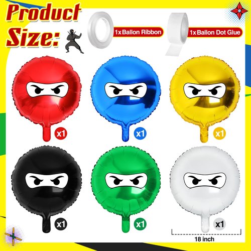Hungdao 6 Pcs 21 Inches Ninja Balloons Colorful Ninja Theme Party Supplies Ninja Aluminum Film Balloon Birthday Party Favors