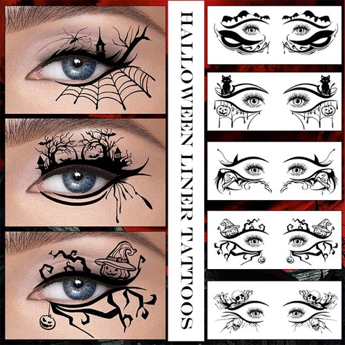 10 Pairs Halloween Eye Shadow Temporary Tattoos Eyeliner Tattoo Stickers Spider Web Bat Pattern Eyeliner Fake Tattoos for Women Men Face Eye Makeup Halloween Decals Party Supplies