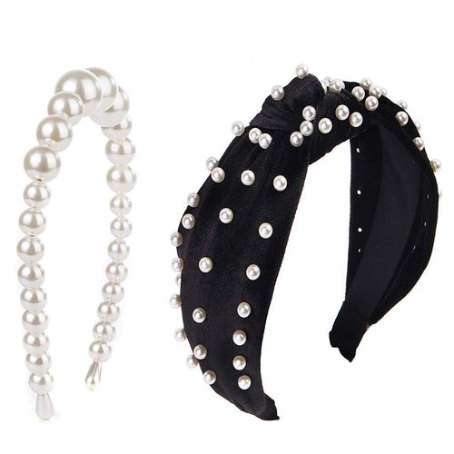 Guissi New Pearl Headbands Vintage Artificial Pearl Headbands Hair Hoop Twisted Velvet Tie Beading Wide Hairband Hair Accessories Hair Barrettes for Women Lady - 2 Packs