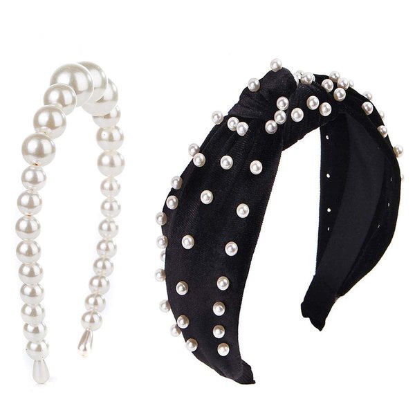 Guissi New Pearl Headbands Vintage Artificial Pearl Headbands Hair Hoop Twisted Velvet Tie Beading Wide Hairband Hair Accessories Hair Barrettes for Women Lady - 2 Packs