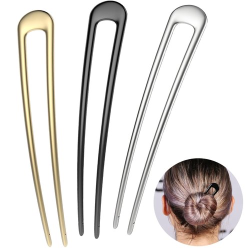 HYFEEL French Hair Pins Metal Hair Forks U Shaped Long Chignon 2 Prong Sticks for Women Hair Accessories (Black, Gold, Silver) 3Pcs