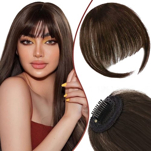 Caliee Clip in Bangs 100% Human Hair Extensions Medium Brown Bangs Hair Clip Wispy Bangs Hair Clip Natural Hair Air Bangs Clip on Human Hair Curved Bangs for Daily Wear