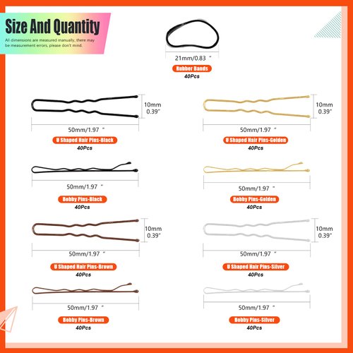 Tanstic 420Pcs 4 Colors 2 Inch Bobby Pins and 2.4 Inch U Shaped Hair Pins with Black Rubber Bands Kit, Hair Pins Hairpins Bun Pins Soft Elastic Bands with Storage Case (Gold/Silver/Black/Brown)