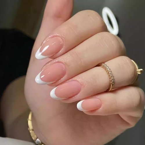 French Tip Press On Nails Almond Press on Nails Short, Glue On Nails for Gift, Supremely Fit & Natural Reusable Stick On Nails Artificial Nails for Women and Girls 24pcs White French