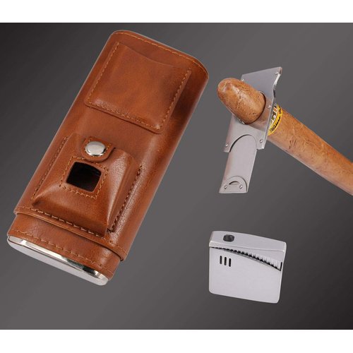 AMANCY Deluxe Portable 3 Holder Cigar Case Set With Lighter and Cutter Great Gift Kit