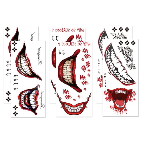 6 Sheets Creepy Smile Halloween Temporary Tattoos - Removable Mouth and HA HA Tattoos for Men, Women, Adults, and Kids Cosplay and Costume Parties