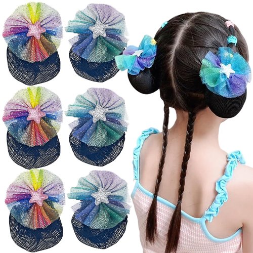 8 PCS Colored Star Bun Hair Nets, Ballet Hair Bun Cover for Girls Ballet, Invisible Ballet Hair Net s for Bun, Dance Elastic Hairnets Hair Accessories for Women Girls