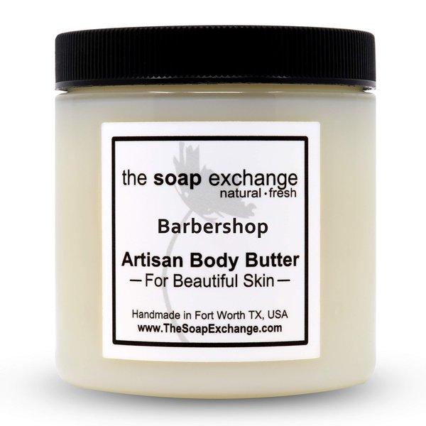 The Soap Exchange Body Butter - Barbershop Scent - Hand Crafted 4 fl oz / 120 ml Natural Artisan Skin Care, Shea Butter, Aloe Vera, Nourish, Moisturize, & Protect. Made in the USA.