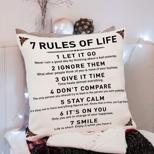 IHopes+ Rustic Inspirational Quotes Pillow Covers - 7 Rules of Life Pillow Case Cushion Cover for Sofa Couch Dorm Room Home Decor Gifts - Best Graduation/Birthday (18”x 18”Inch)