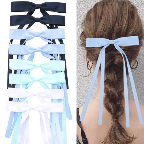WORTL 8 PCS Hair Bows for Women, Hair Ribbon hair bows with Long Tail, hair bow clips Hair Barrettes for Women Accessories (White,Blue,Navy Blue,Light Green)