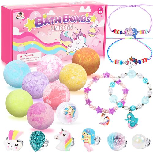 Bath Bombs for Kids with Surprise Inside, 8 Pack Bath Bomb Gift Set with Unicorn Mermaid Rings Bracelets, Handmade Bubble Spa Bath Fizzies Set with Jewelry for Girls Christmas Gift