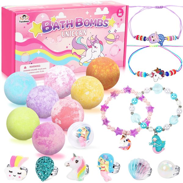 Bath Bombs for Kids with Surprise Inside, 8 Pack Bath Bomb Gift Set with Unicorn Mermaid Rings Bracelets, Handmade Bubble Spa Bath Fizzies Set with Jewelry for Girls Christmas Gift