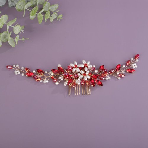BERYUAN Bridal Rhinestone Pearls Hair Comb Flowers Pearls Rhinestone Wedding Headband Crystal Rhinestone Pearls Handmade Hair Comb for Wedding Bridal Women (red)