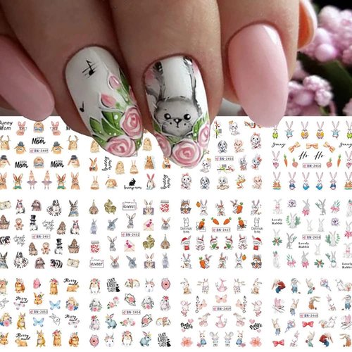 SINSEN Easter Nail Art Stickers, Easter Day Nail Decals Water Transfer Bunny Nail Art Supplies Cute Rabbit Spring Nail Tattoo Stickers for Women Girls Finger Manicure Tips Decorations