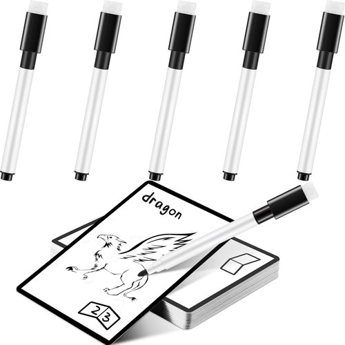 Teling 50 Pcs Multifunctional Tokens Dry Erase Cards Reusable Cards Blank Playing Cards White Flash Card Erasable Index Cards Bulk with 5 Black Marker Pens for DIY Games, Office, Housework