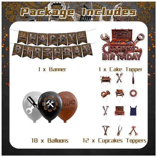 Mechanic Theme Party Supplies Mechanic Birthday Party Decorations Includes Mechanic Happy Birthday Banner Cake Topper Cupcake Toppers Balloons for Mechanic Theme Party