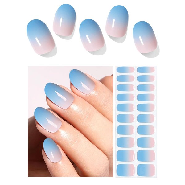 Semi Cured Gel Nail Strips | Nude Gradient 20pcs Semi Cured Gel Nails Sticker | Gel Nail Wraps UV for Home Nails DIY