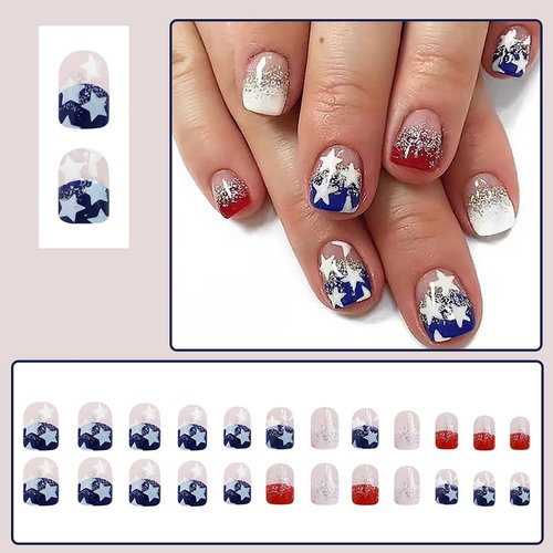 24Pcs Independence Day Press on Nails Petite Short Fake Nails Glitter Patriotic Stars Full Cover Design Square False Nails French Tip Glue on Nails 4th of July Artificial Acrylic Nails for Women Decor