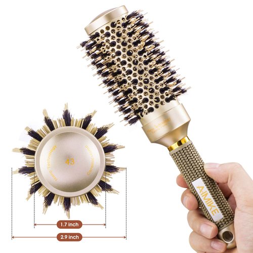 AIMIKE Nano Thermal Ceramic & Ionic Hair Brush with Boar Bristles for Styling, Volume & Shine (2.9 inch, 1.7 inch Barrel) + 4 Free Clips