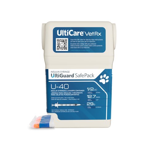 UltiCare VetRx U-40 UltiGuard Safe Pack Pet Insulin Syringes 1/2cc, 29G x 1/2", 100 ct (Without 1/2 Unit Markings)