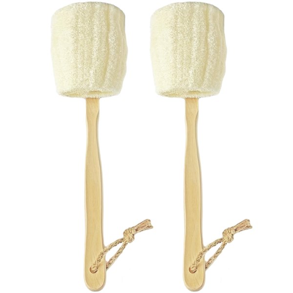 2-Pack Natural Loofah Exfoliating Bath Brush - Body luffa loofa Sponge On a Stick - Sponge Scrubber with Long Wooden Handle Back Brush for Men & Women - Bath Spa Shower
