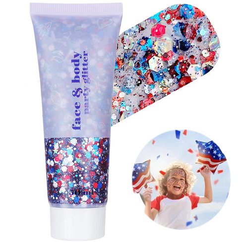 Go Ho Red White and Blue Body Glitter,USA Flag Pride Face Glitter,4th of July Outfits for Women Reflective Glitter Makeup,Holographic Long Lasting Chunky Sequins Glitter,Fourth of July Accessories