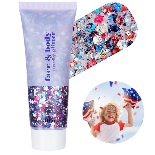 Go Ho Red White and Blue Body Glitter,USA Flag Pride Face Glitter,4th of July Outfits for Women Reflective Glitter Makeup,Holographic Long Lasting Chunky Sequins Glitter,Fourth of July Accessories