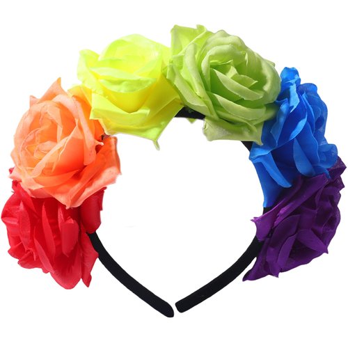 HIFANMM Rainbow Flower Headband Pride Day Hair Accessories Colorful Rose Flowers Gay LGBTQ Hair Decoration Non Slip Floral Crown Hair Band for Women Girls Parade Party Makeup Decor Supplies 1 Pcs