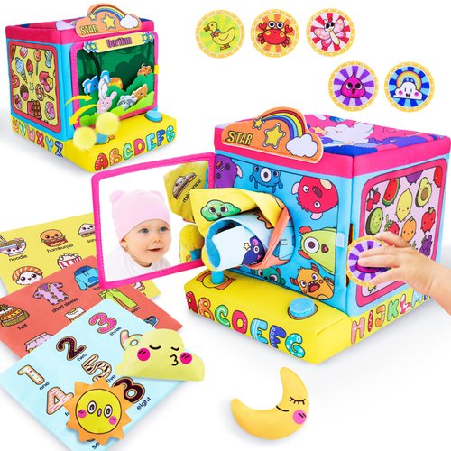 Surprise Baby Tissue Box Toys, Soft Montessori Tissue Box Toys, Interactive Toys Set with Bean Bags, Crinkle Paper, Mirror, Early Learning Toys Fine Motor Skills Baby Boy Girl Toys