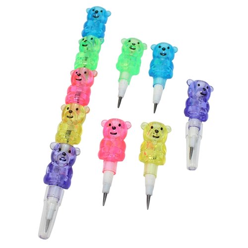 Odowalker 32pcs Stackable Pencils Plastic Bear Pencils Kids 5 in 1 Stacking Colored Pencils with Turtle Erasers and DIY Blank Bag For Kids Children Birthday Party Supplies School Fun Equipment