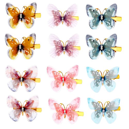 Glitter Butterfly Hair Clips for Girls Gjinxi 12pcs Realistic Butterflies Hairclips with Diamond 2" Tulle Colorful Butterfly Hair Accessories Realistic for Wedding Hairpin Teens Girls(6 Color)