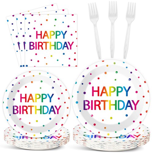 100PCS Happy Birthday Party Paper Plates and Napkins Birthday Party Decoration Disposable Iridescent Birthday Tableware Dinnerware Set for Birthday Table Decor Baby Shower Party Supplies Serve 25