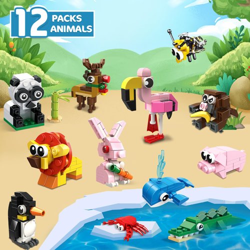 HOGOKIDS Party Favors for Kids - 12 Pack Animals Building Blocks Toy for Easter Gifts Goodie Bags Classroom Prizes Stocking Stuffers Building Set Valentines Day Birthday Gift for Boy Girl Ages 6-12+