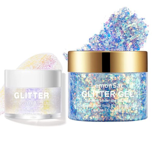 LemonSac Holographic Body Glitter Gel for Body, Face, Hair and Lip Glitter Makeup. Color Changing Glitter Gel Under Light with a Non Color Changing Glitter Gel (3# Neon Violet+Purple)