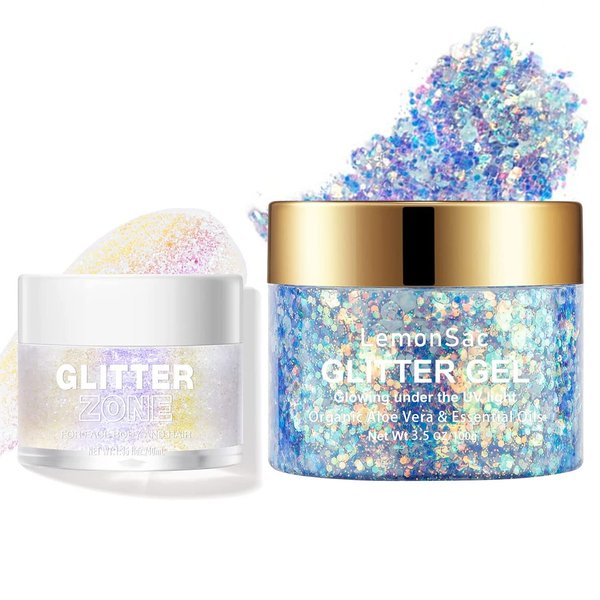 LemonSac Holographic Body Glitter Gel for Body, Face, Hair and Lip Glitter Makeup. Color Changing Glitter Gel Under Light with a Non Color Changing Glitter Gel (3# Neon Violet+Purple)