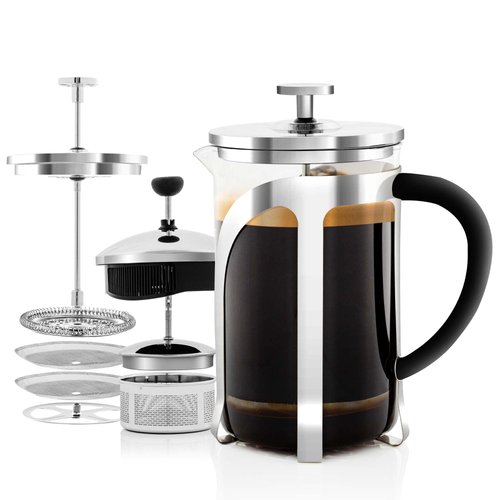 Ovente 2-in-1 Glass Coffee Press And Tea Maker With High Grade Stainless Steel Retractable Infuser 27 Ounce With Free Measuring Scoop, Heat Tempered Borosilicate Glass With Silicone Handle, FGC27T