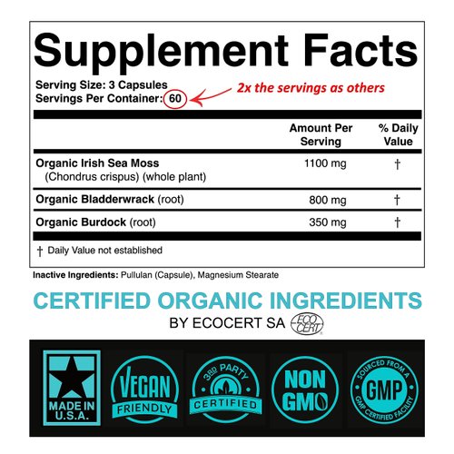 Certified Organic Sea Moss Capsules 2250mg Wildcrafted Irish Sea Moss Burdock Root Bladderwrack Supplement for Energy Gut Health Skin & Joint Support Raw Seamoss Pills & Powder (Pack of 1 at 180-Caps)