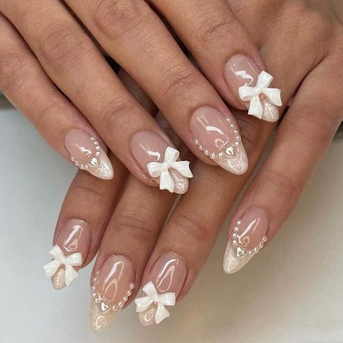 Cute Press on Nails Short Almond MABKJLF French Tip Fake Nails Nude Full Cover Pearl Bow Charm False Nails with Designs Glossy Glue on Nails Petite Acrylic Nails Artificial Nails for Women Girls 24Pcs
