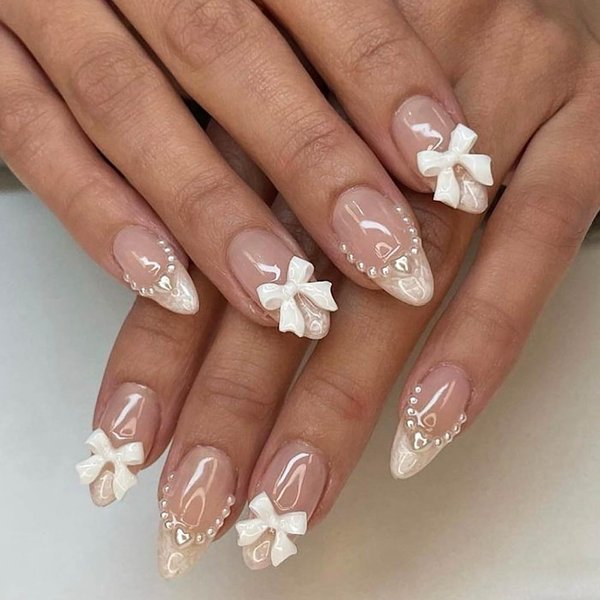 Cute Press on Nails Short Almond MABKJLF French Tip Fake Nails Nude Full Cover Pearl Bow Charm False Nails with Designs Glossy Glue on Nails Petite Acrylic Nails Artificial Nails for Women Girls 24Pcs