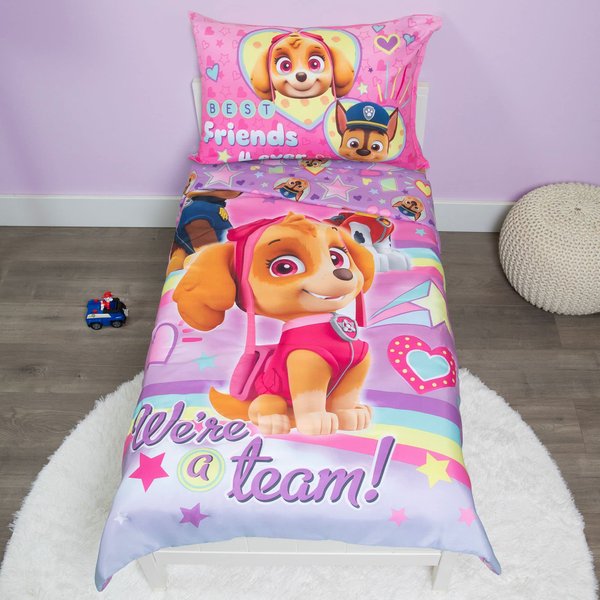 Paw Patrol Skye We're A Team 4 Piece Toddler Bedding Set - Includes Comforter, Sheet Set - Fitted + Top Sheet + Reversible Pillow Case for Girls Bed, Pink