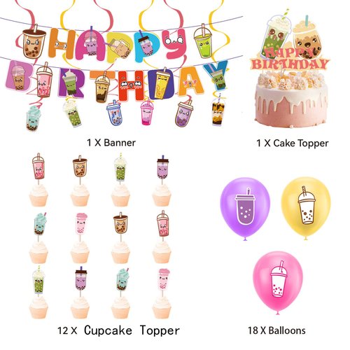 Bubble Tea Party Decorations Boba Tea Birthday Party Supplies Includes Boba Tea Birthday Banner, Spirlas, Cake Topper, Cupcake Toppers, Balloons for Boba Tea Party Decorations