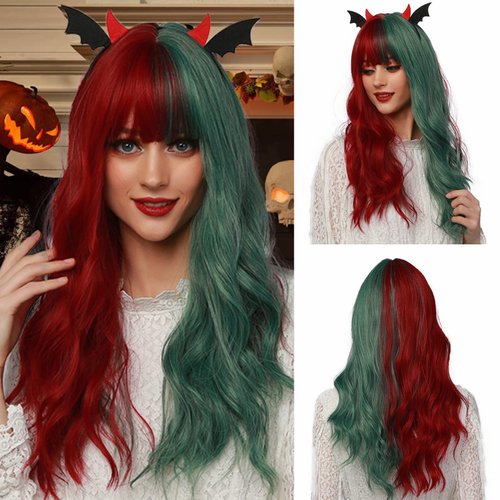 Esmee 22 Inches Women Synthetic Wigs Long Wavy Red/Green with Fluffy Air Bangs Light Cosplay Hall...