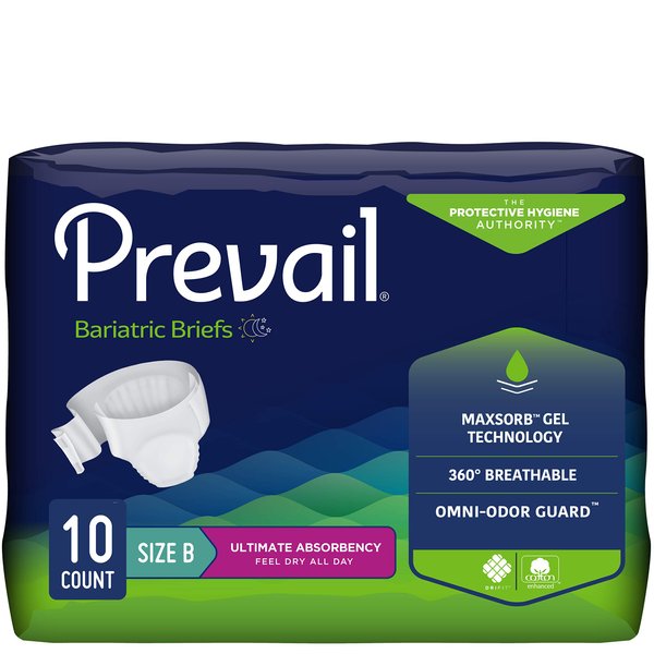 Prevail Incontinence Bariatric Brief, Unisex Disposable Adult Diaper with Tabs for Men & Women, Ultimate Absorbency, Size B, 10 Count Bag